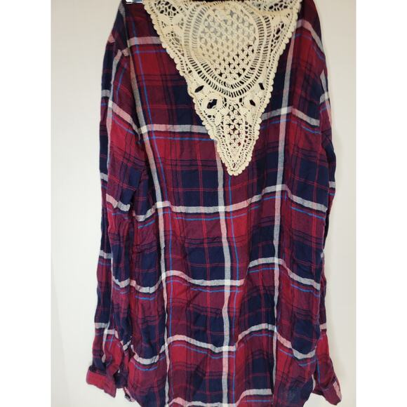 Charming Charlie Red Black White Flannel Shirt with Crochet Cutout-Small (S) - Picture 3 of 6